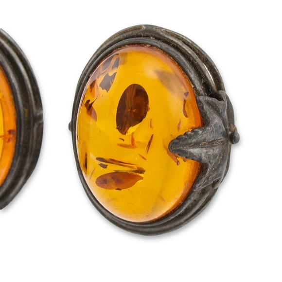 Vintage Baltic Amber Sterling Silver Clip On Earrings Leaf Design - Picture 2 of 8